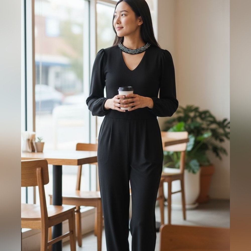 Lisa Rinna Collection Elegant Black Jumpsuit with Beaded Collar.